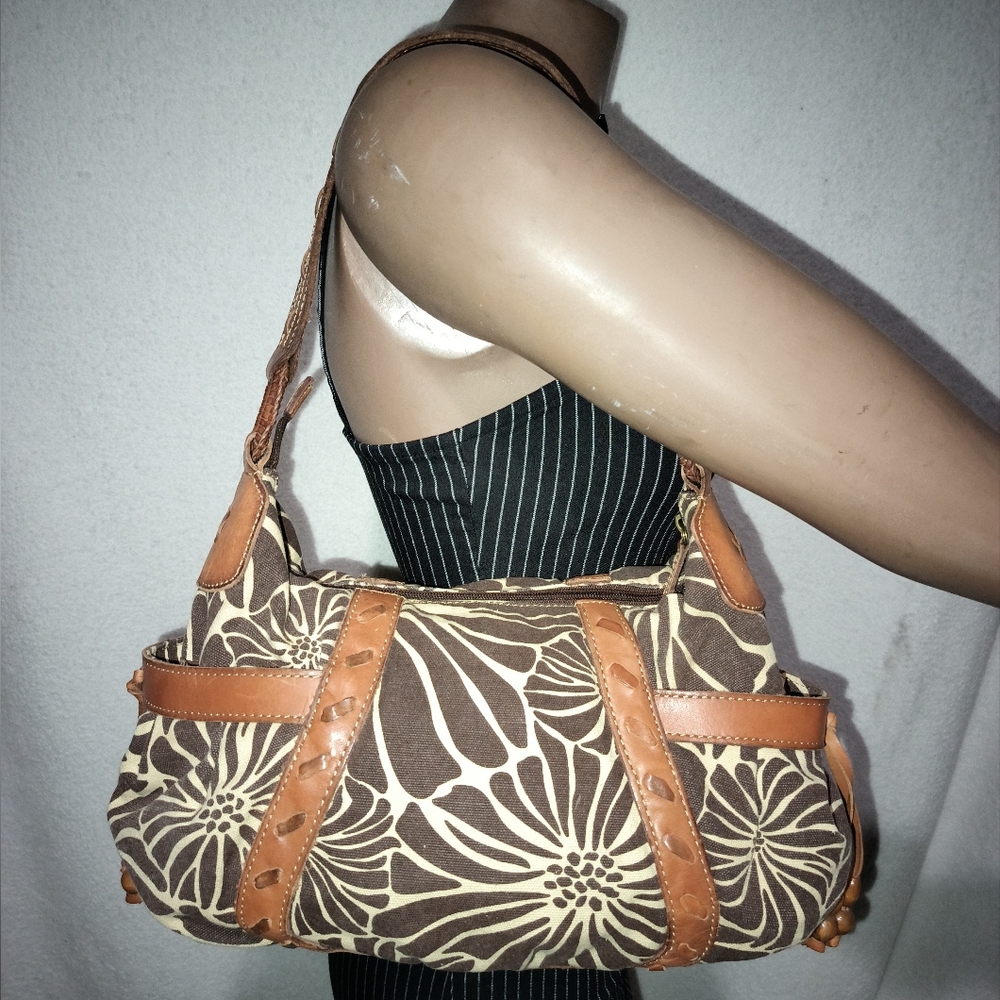 SOLD Fossil Leather and Canvas Floral Shoulder Bag